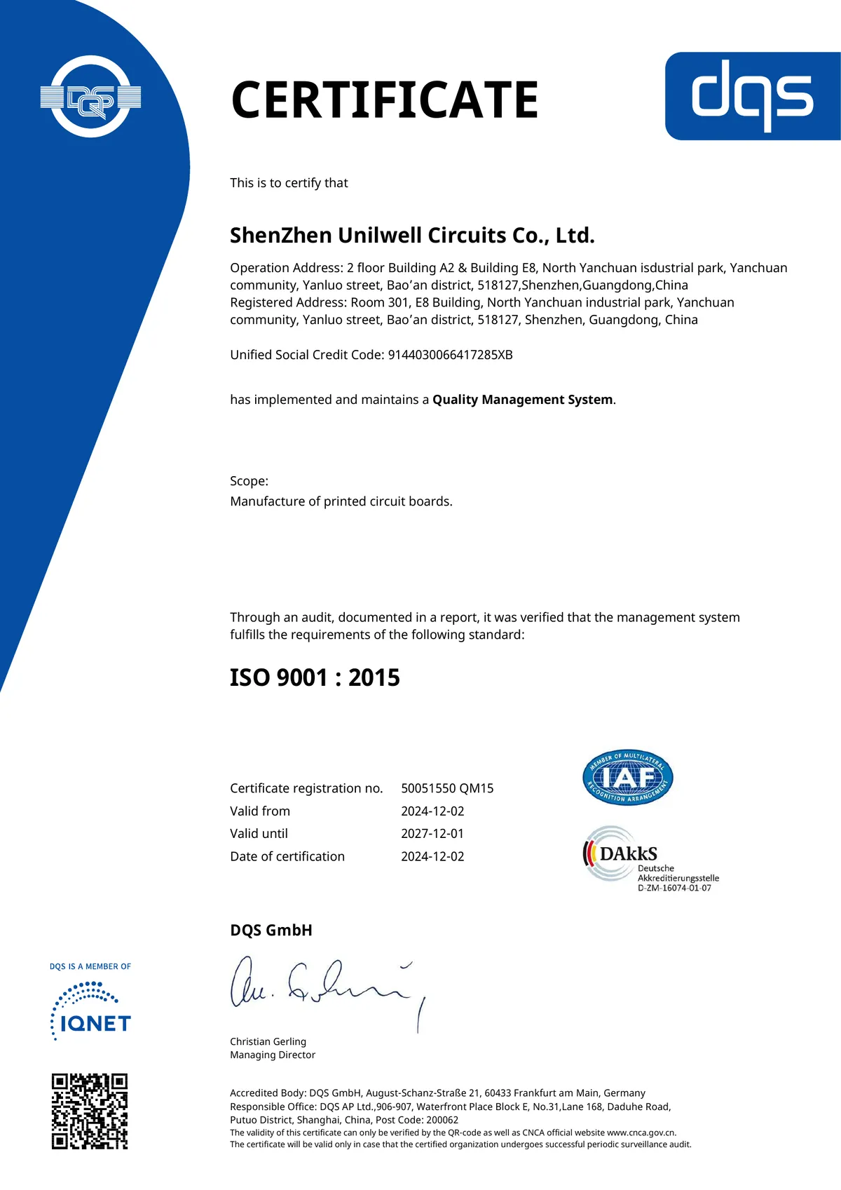 ISO 9001 (Uniwell · PCB) 인증서